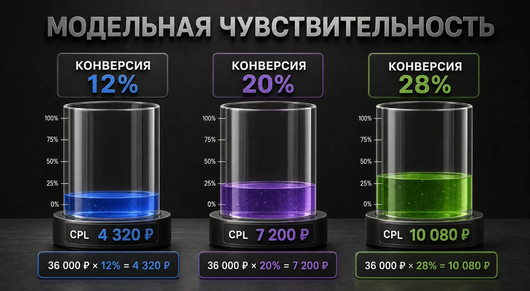 Три модельных сценария допустимого CPL при конверсии 12, 20 и 28 процентов