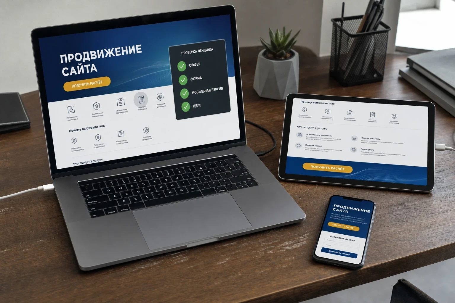 Одна посадочная страница на ноутбуке, планшете и смартфоне с заполненным чек-листом качества