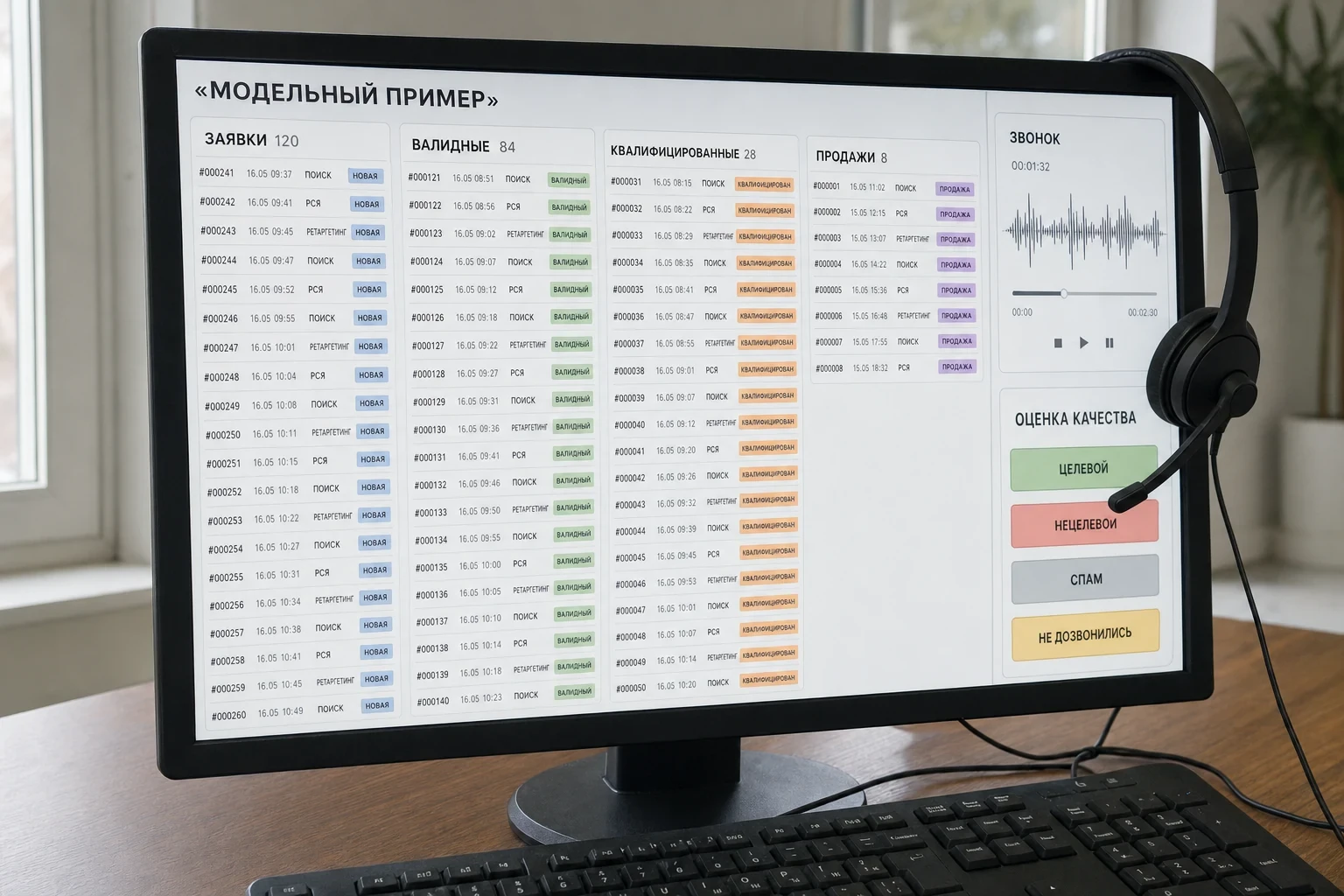 Модельный экран CRM со 120 обращениями, 84 валидными, 28 квалифицированными и 8 продажами