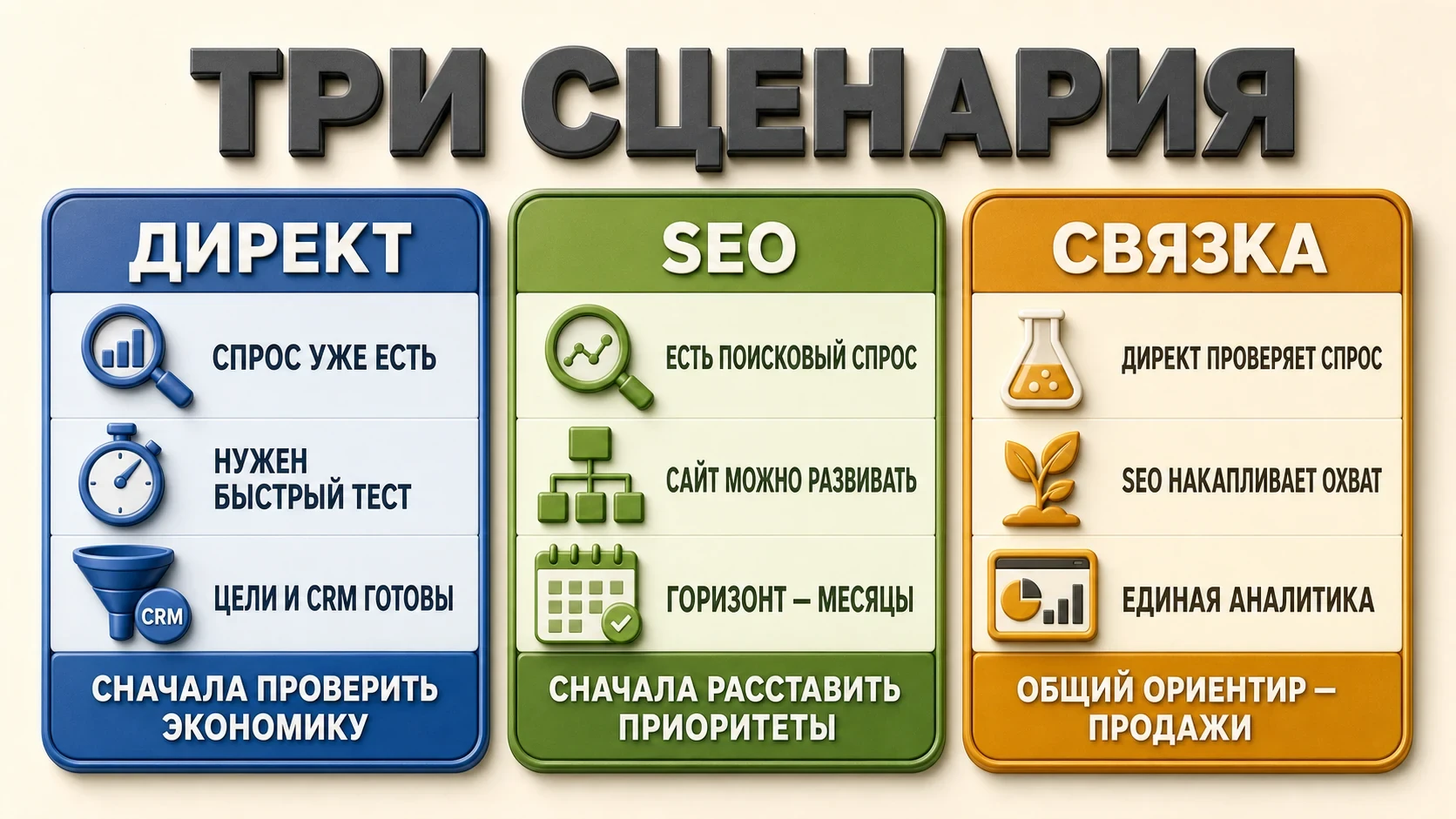 Три заполненных сценария выбора: Директ, SEO и связка