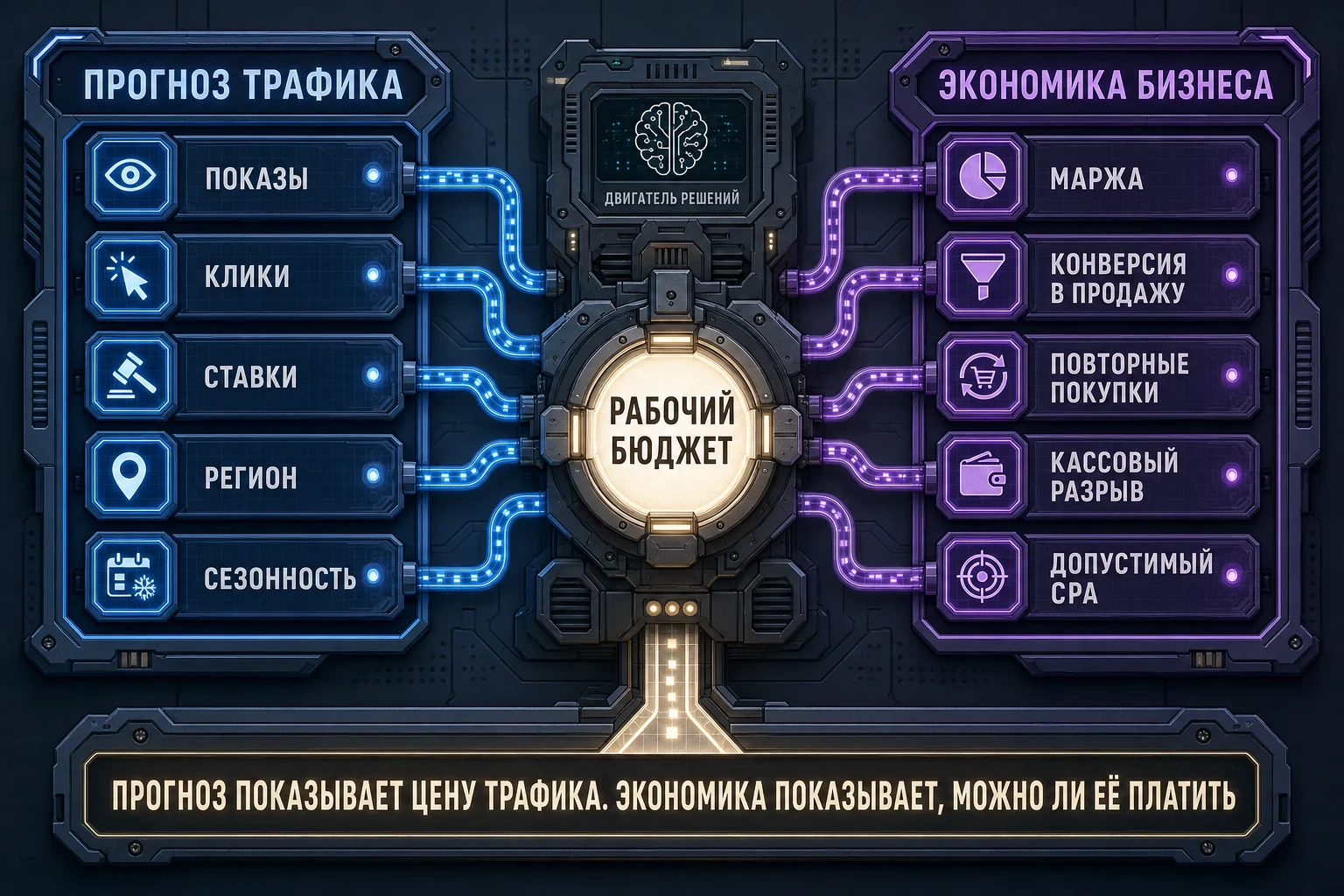 Два заполненных блока — прогноз трафика и экономика бизнеса — сходятся в рабочий бюджет